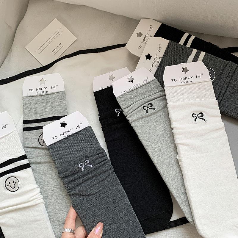 Socks Women'S Stacking Socks Bow Embroidered Women'S Socks Japanese Versatile Anti-Pilling Boneless Solid Color Simple Medium Tube Socks