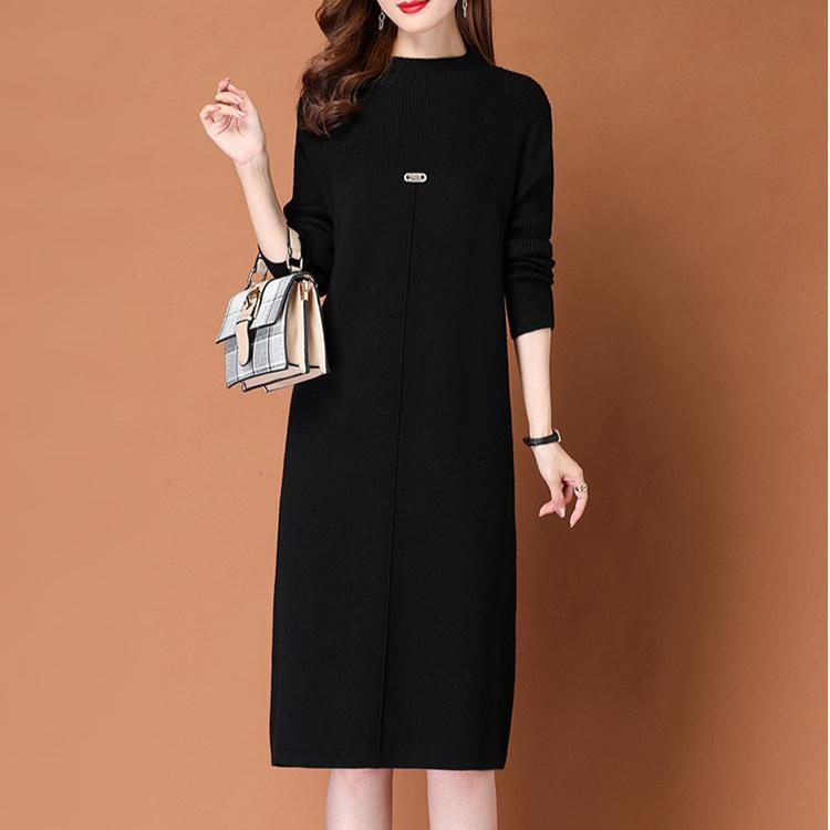 Lässiger Stil Strickpullover Damen Midilanges Kleid Lockerer Strickpullover Lässiges Einfarbiges Strickkleid