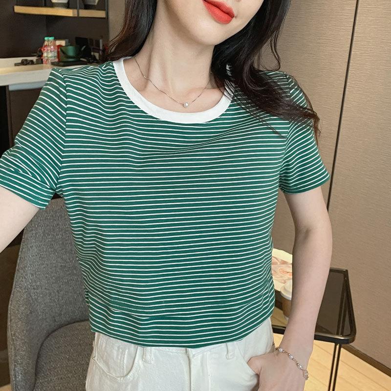 

Spring and summer nursing shirt, short-sleeved, round-neck, pure cotton T-shirt, postpartum, skin-friendly, striped top for nursing mothers M зелёный