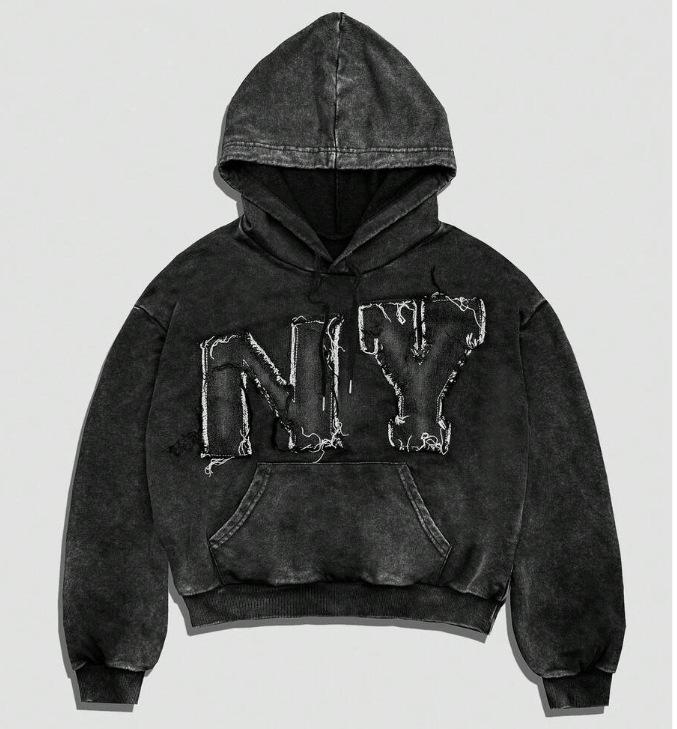 Retro 3D printed NY letter hooded sweater, street trendy brand loose fashion design top