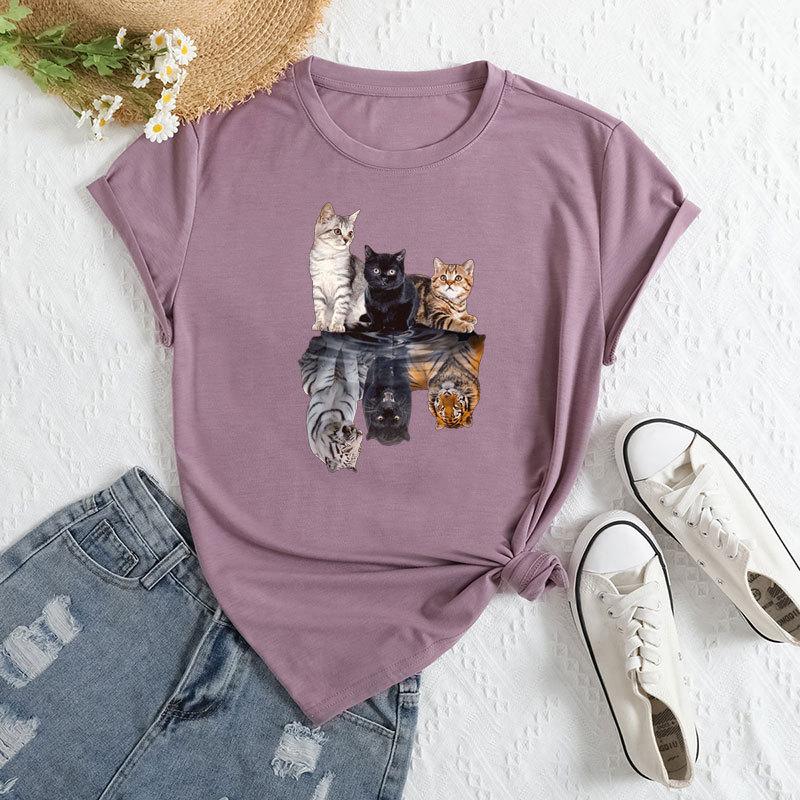 Summer Women's Three Cat Printed Loose Round Neck Casual Cotton Short Sleeves T-Shirts Women's
