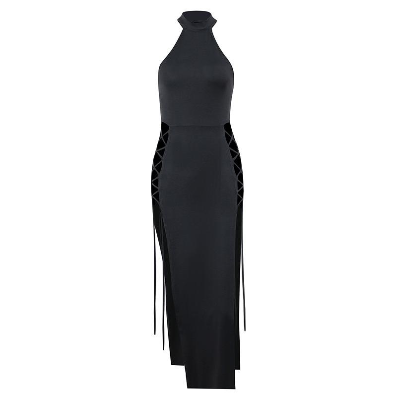 Goth Mørk Cosplay Høy Splitt Sexy Bandasje Damekjoler Y2K Mall Goth Halter Slim Midi Kjole Svart Stil Alt Partyklær