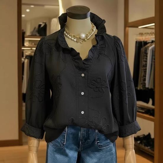 Women Shirt V-Neck Lace Trim Long Sleeve Pullover Tops Pure Color Embroidery Flower Pattern