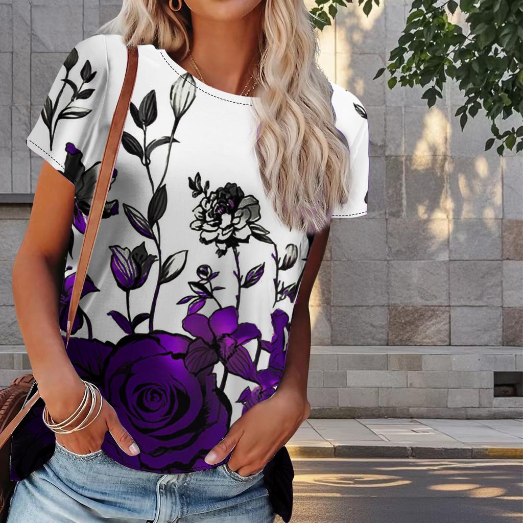 Damska letnia koszulka z nadrukiem kwiatowym, retro, modna, z krótkim rękawem, swobodne, nadrukowane topy