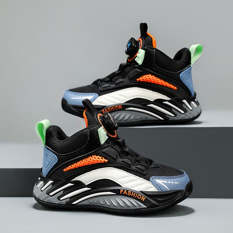 Boys' Shoes Autumn and Winter New Middle-aged and Older Children's Leather Waterproof Casual Sports Shoes Children's Rotating Buckle Running Shoes