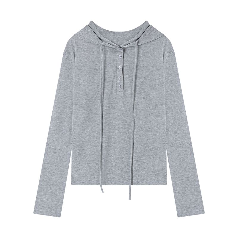 Kumikumi Idle Style Gray Hood Button Long sleeves Shirt Women Autumn Niche All-Match Loose Slimming Top