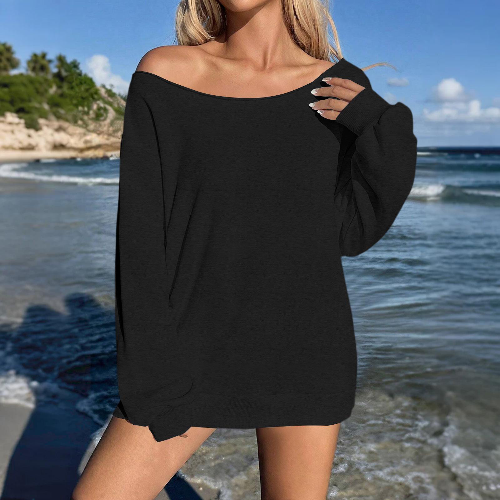 

Women s Casual Fashion Solid Color Off-shoulder Long-sleeved Loose Sweatshirt L чорний