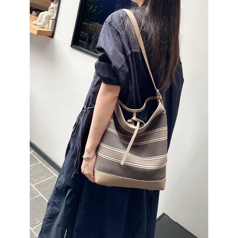 New leather cowhide with canvas bucket bag vegetable basket tote bag shoulder crossbody handbag women's bag