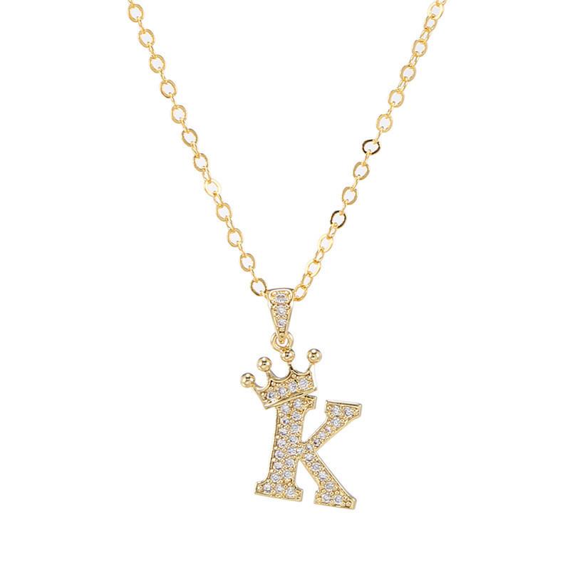 Fashion Cubic Zirconia Crown Letter Pendant Necklace Gold Hip Hop Punk Alphabet Jewelry