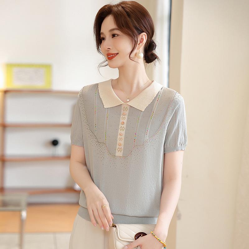 

Mom s 2026 Summer Short Sleeve Ice Silk T-shirt for Middle-Aged & Elderly Women XL (100-110 lbs) серый/зелёный