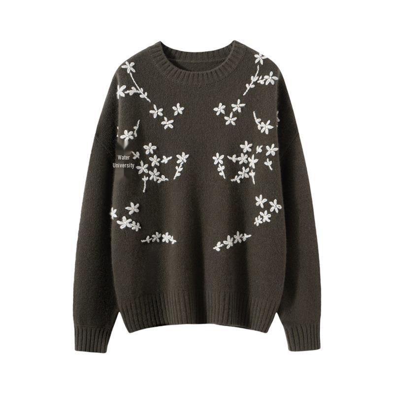 Women's Pure Cashmere Embroidered Sweater - Round Neck, Drop Shoulder, Long Sleeves, Autumn/Winter Knit Pullover