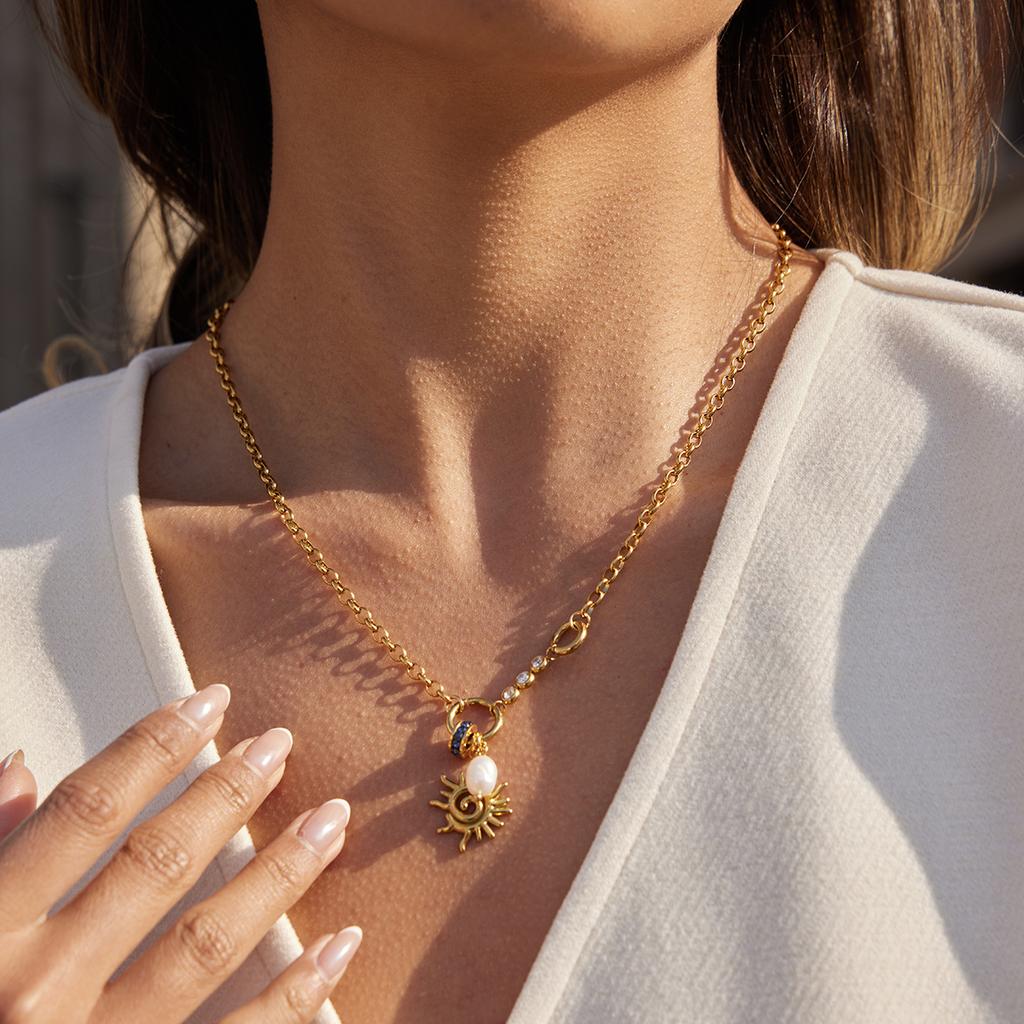 Youthway Classic Sun Freshwater Pearl Crystal Bead Pendant Necklace For Women Elegant 18K Gold Plated Stainless Steel Necklace