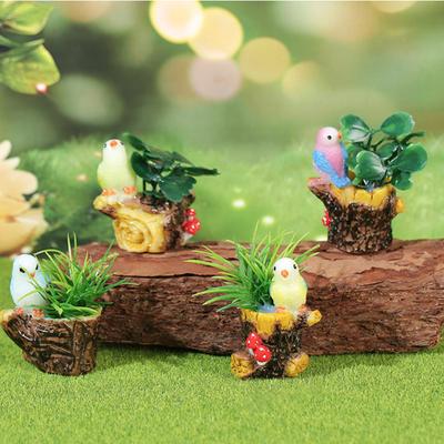 Miniature Fairy Garden Accessory Mini Resin Tree Stump Figurine with Bird And Artificial Plants for DIY Moss Terrariums Crafts Home Decor