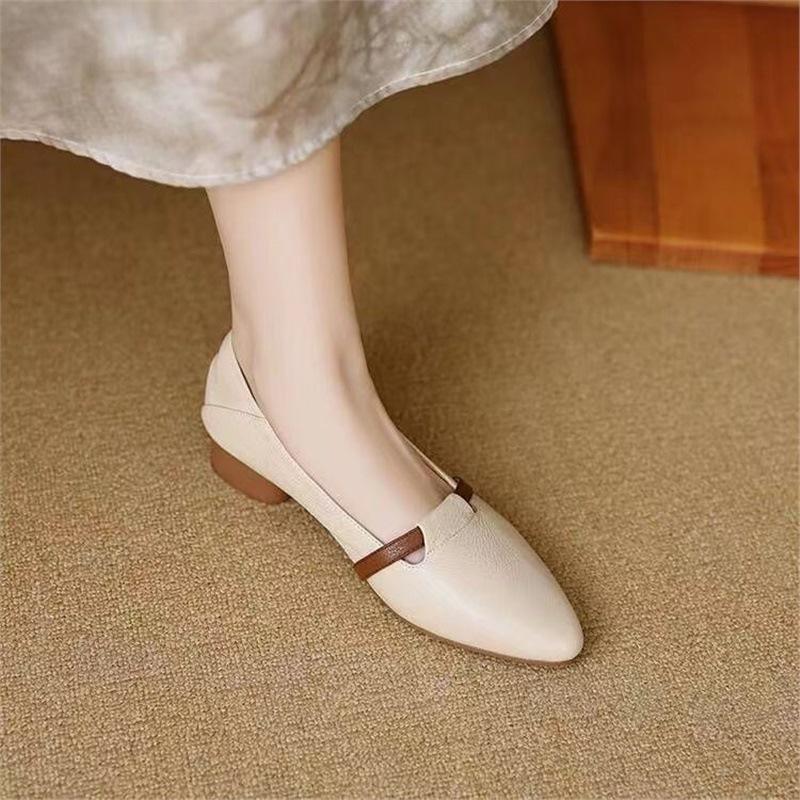 

French retro pointed head color matching light mouth single shoes women s spring and summer low heel super soft medium thick heel grandma shoes temper 35