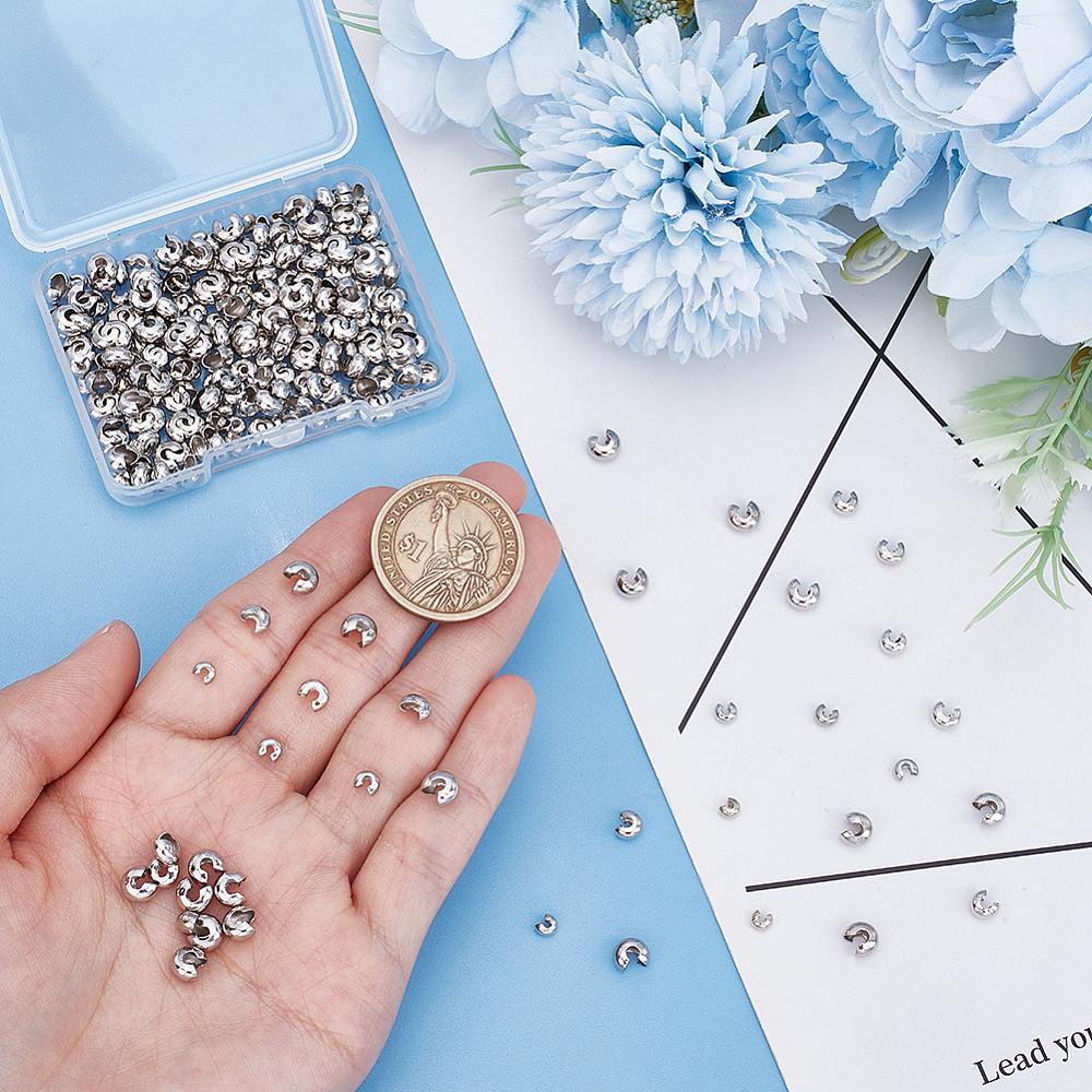 300Pcs 3 Sizes Brass Crimp Beads Covers, Nickel Free, Platinum, 3~5mm In Diameter, hole: 1.2~1.8mm, 100pcs/size