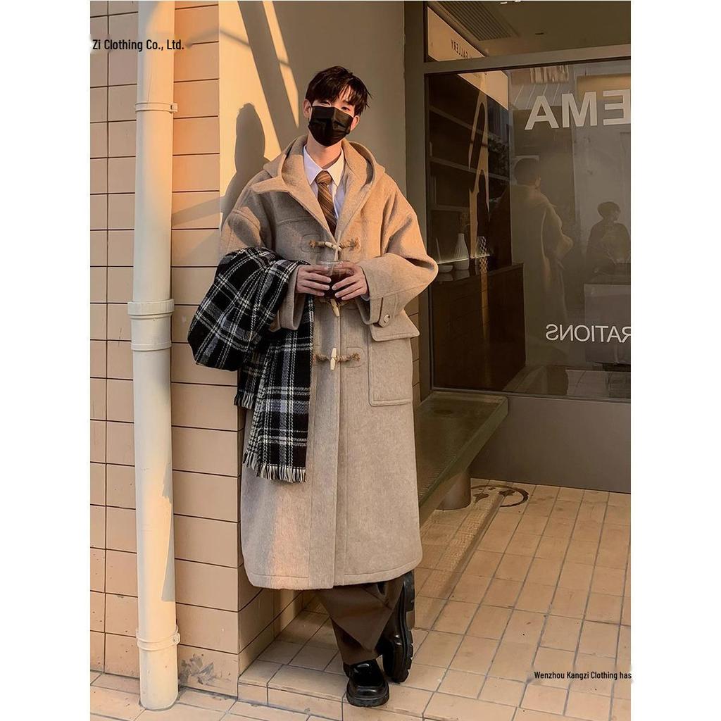 Men's College Style Horn Buckle Hooded Wool Coat, Cotton Padded, Thickened, Mid-Length, Over-the-Knee, Trendy for Autumn and Winter.