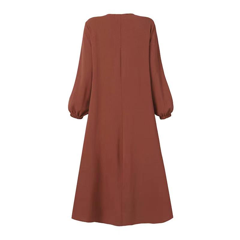 2023 Solid Color Long-Sleeve Round Neck Zipper Dress for Muslim Women