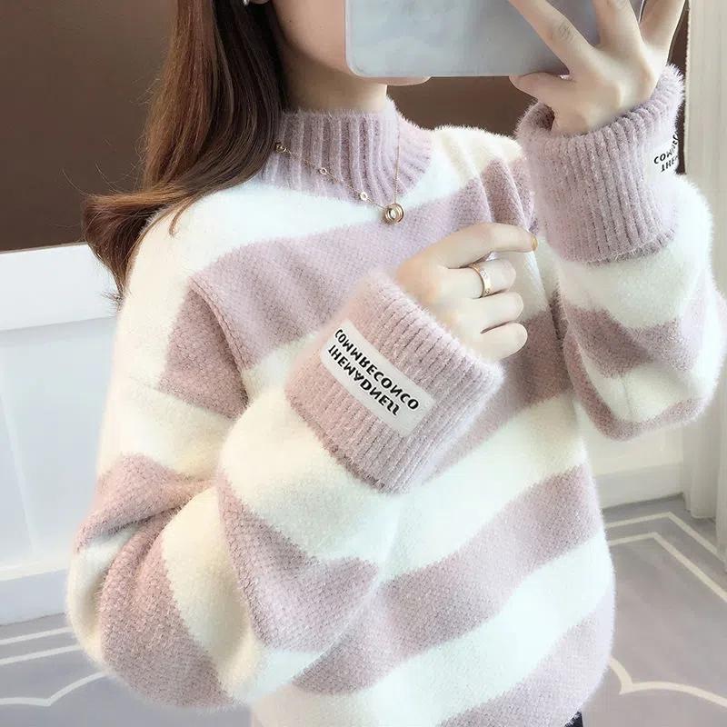 WTEMPO Mink Fleece Half Turtleneck Gensere Dame Høst Vinter Tykke Løse Gensere Stor Størrelse Tilfeldig Bunn Strikkede Overdeler Gensere