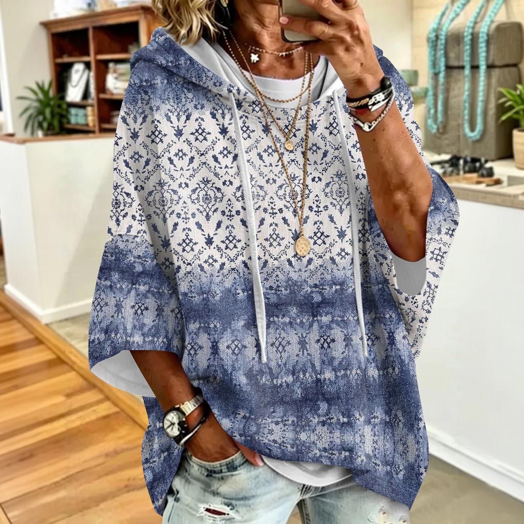 Women's Casual Loose Fit Floral Print Drawstring Hoodie Retro Sweatshirt for Everyday Wear