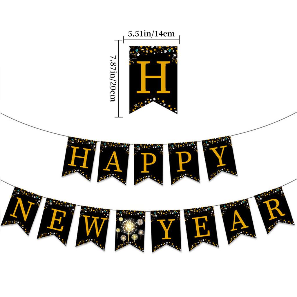 New Year'S Day Theme Party Decorations New Year'S Eve Party Arrangement Black Gold Flag Balloon Paper Flower Ball Set