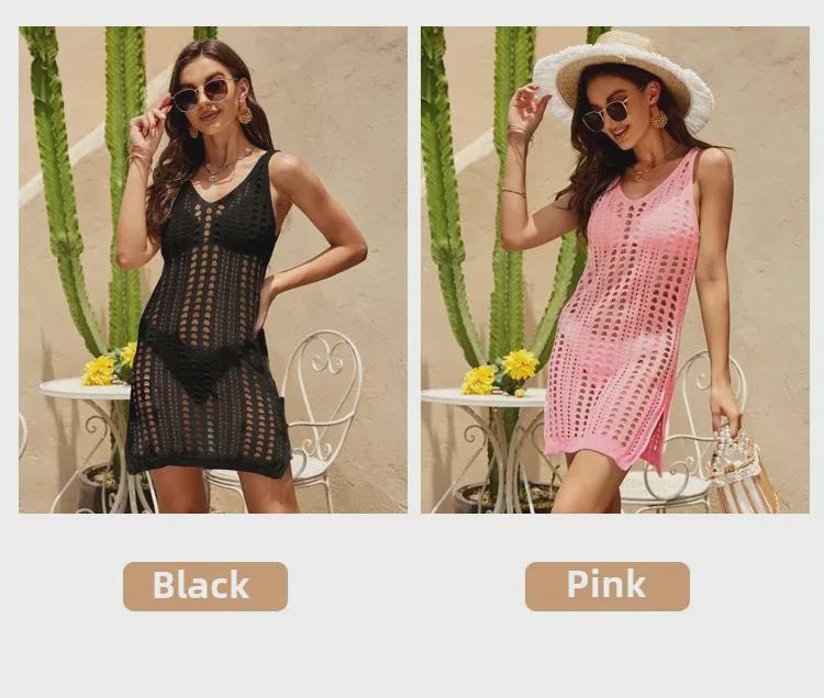 2024 Summer Sun Protection Sleeveless Spaghetti Strap Knit Dress with Slit