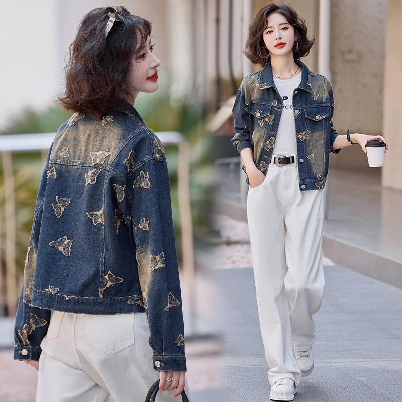 

2025 Ретро Вышитая Бабочка Лацкан Женская Джинсовая Куртка 2XL 65-70 kg