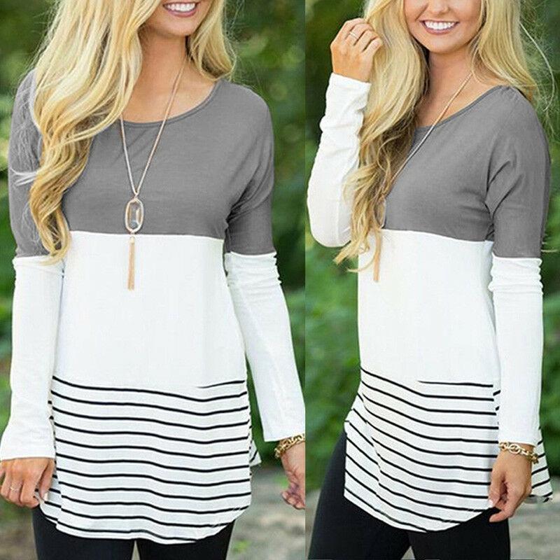 Elegant Women Striped Long Sleeve T Shirt Round Neck Casual Sweatshirt Blouse