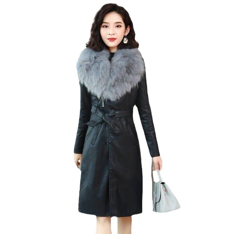 Big Fur Collar Autumn and Winter Leather Jacket Women's Fleece Thickened Long 20 New Slim and Thin Waist Jacket