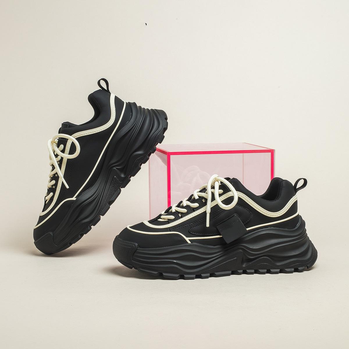 

2024 Новая Мода Смешанные Цвета Женская Обувь на Платформе Все-сочетаемая Повседневная Спортивная Корейский Стиль Шнуровка Бежевые Кроссовки Осень Зима 35 чёрный