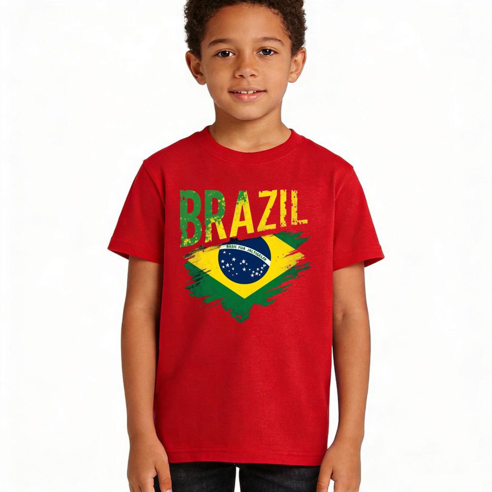 Distressed Brazil Flag Graphic TShirt Brazilian Soccer Lover Children Casual Daily Life Shirt Kids Boy Girl Polyester Short Sleeve