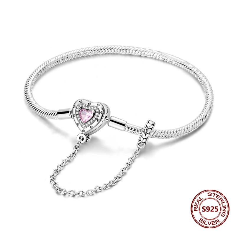 Pink Love Heart Silver 925 Bracelet Original Bracelets Zircon Cat Paw Snake Chain For DIY Charms 17-20CM Wedding Jewelry Gifts
