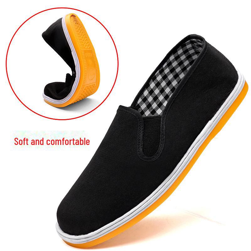 Men's Black Canvas Shoes with Yellow Oxford Tire Sole and Elastic Slip-On Design