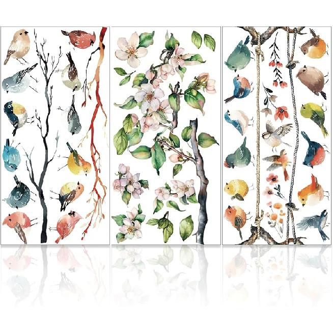 GLOBLELAND 3Pcs Branches and Birds Furniture Transfer 6x12inch Flowers and Plants Rub on Transfer Self-Adhesive Wall Art Decals for Bedroom Living