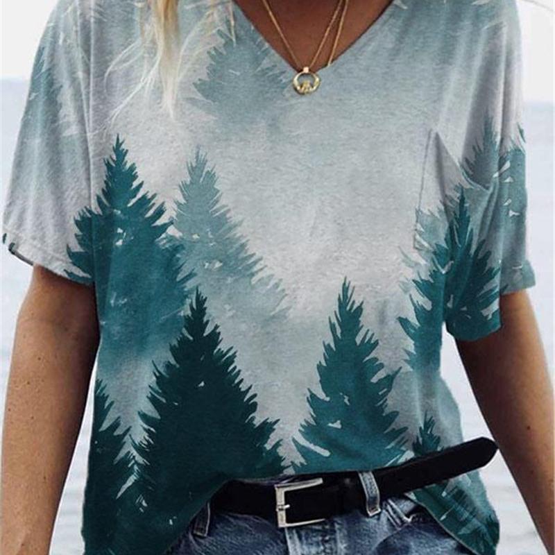 

Модные весенние блузки с лесным принтом, футболки с коротким рукавом и V-образным вырезом, повседневные 8XL зелёный