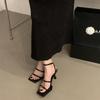 Niche one-word strap sandals heel shoes women's black thin strap open toe summer 2025 new square head thin heel women's sandals