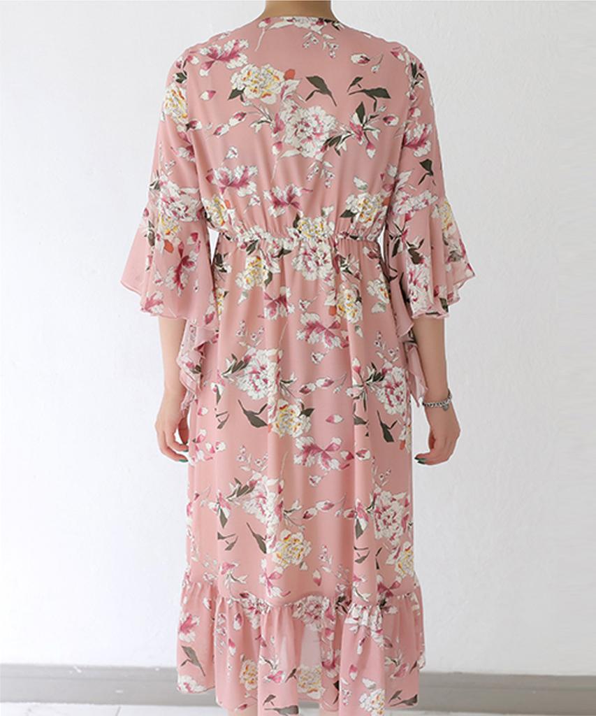 Ppaeppae Winged Sleeve V-Neck Elastic Waist Floral Dress