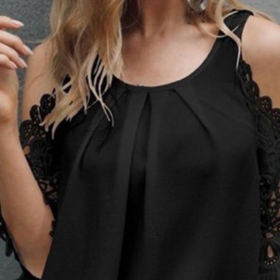 Ladies Top Hollow Lace Sleeves Spring Summer Loose Pure Color Shirt Blouse for Daily Wear