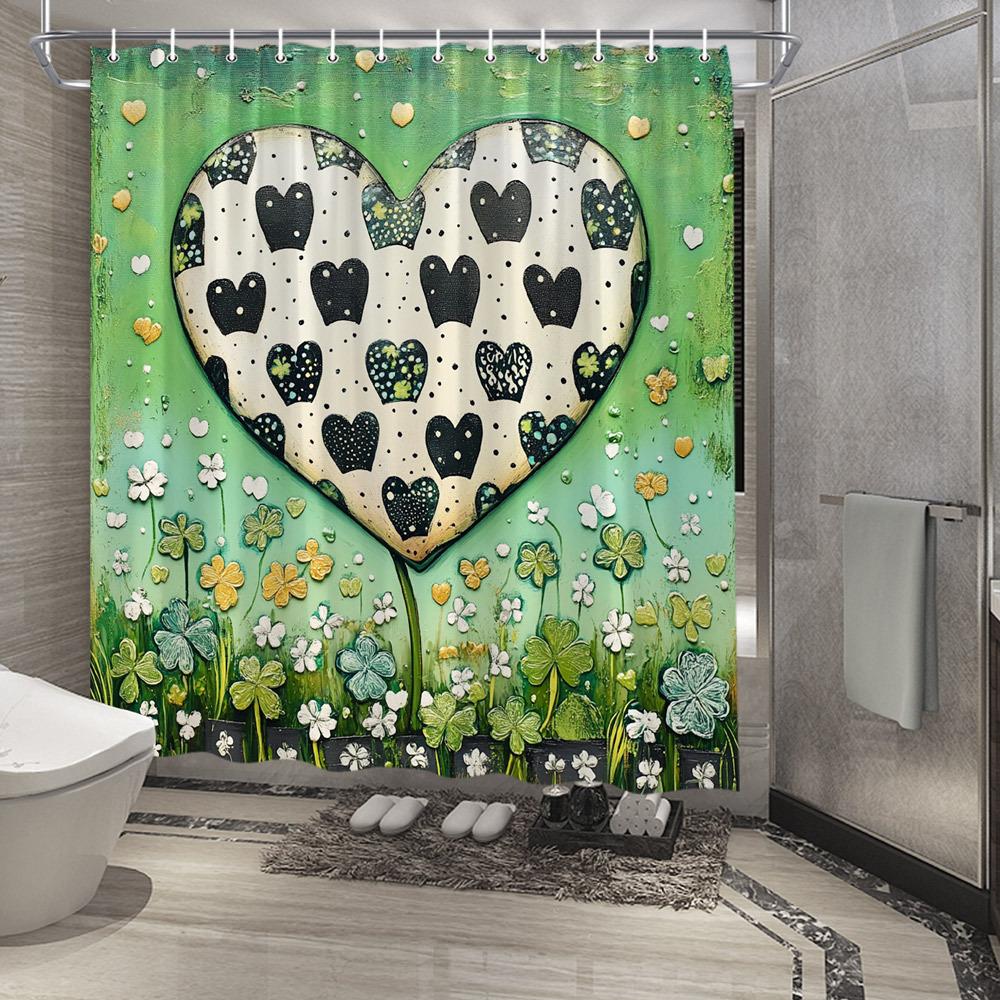 

1Pc Shower Curtain - Playful Surreal Heart & Floral Design With Black-And-White Polka Dots, Green Gradient Background W60H190(CM)-1 Pcs