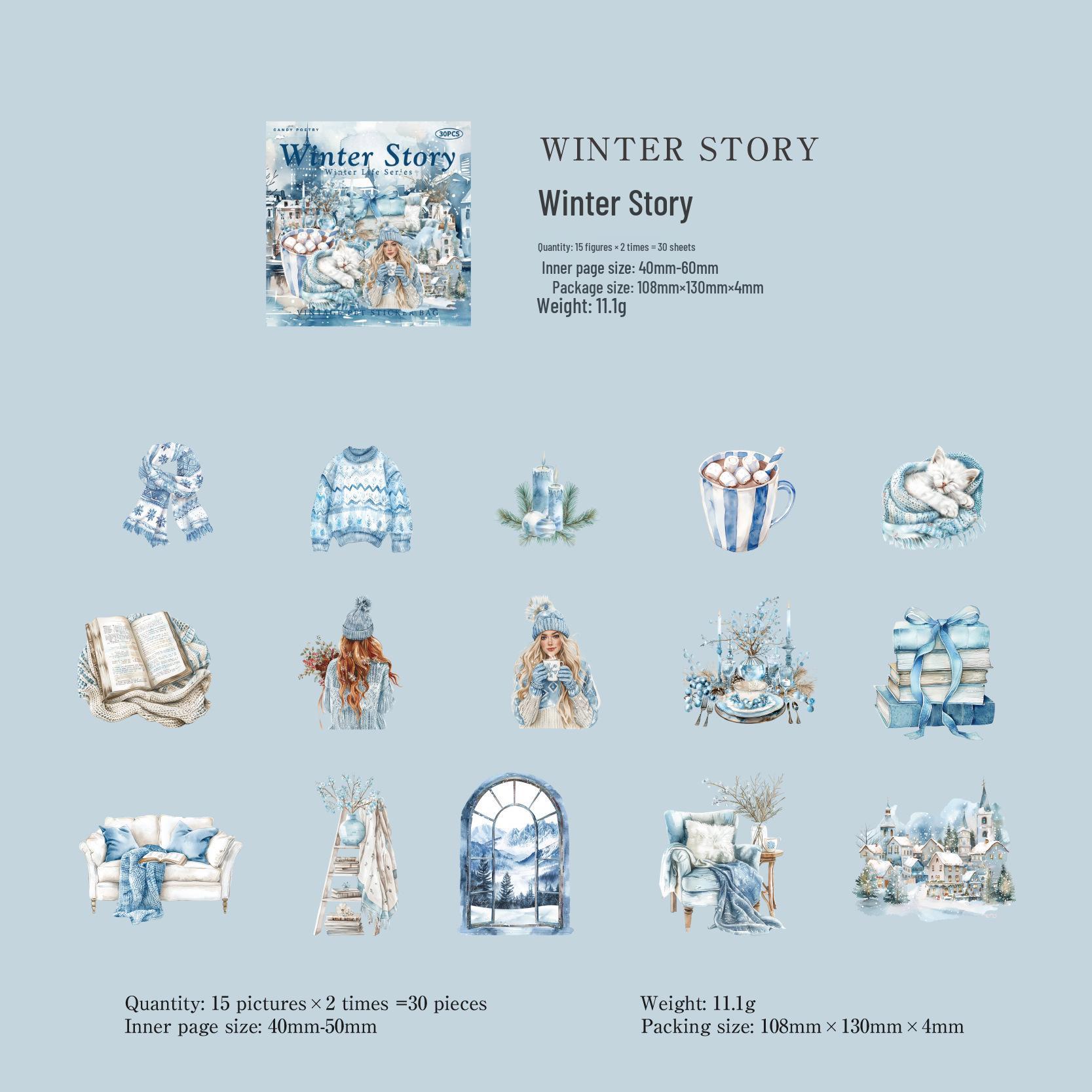 

Winter Life Series White Ink Sticker Pack: Sugar Poem PET, 30 Irregular Shapes for DIY Journal Decoration, 6 Styles Available