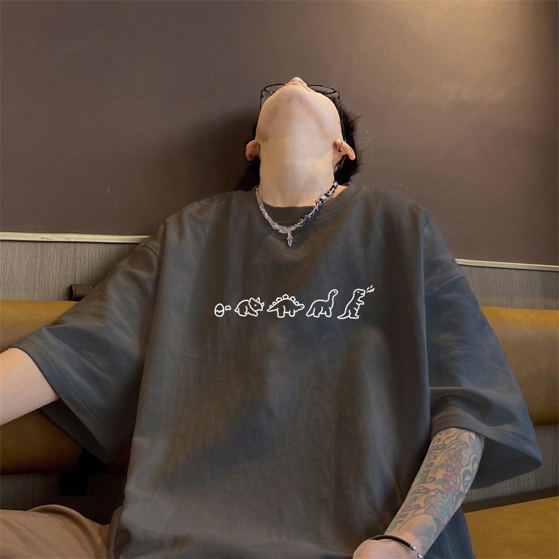 

Men s Tyrannosaurus Rex Cartoon Heavyweight Cotton T-shirt, Casual Loose Fit, Round Neck, Short Sleeve XXL (130-140 jin) темно-сірий