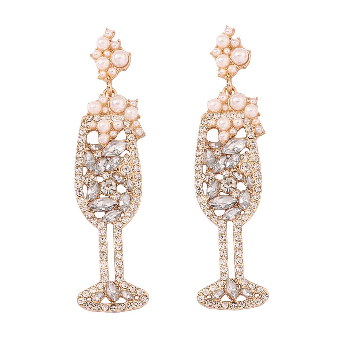 Exaggerated rhinestone pearl fashion personality large version champagne cup earrings earrings European and American new earrings