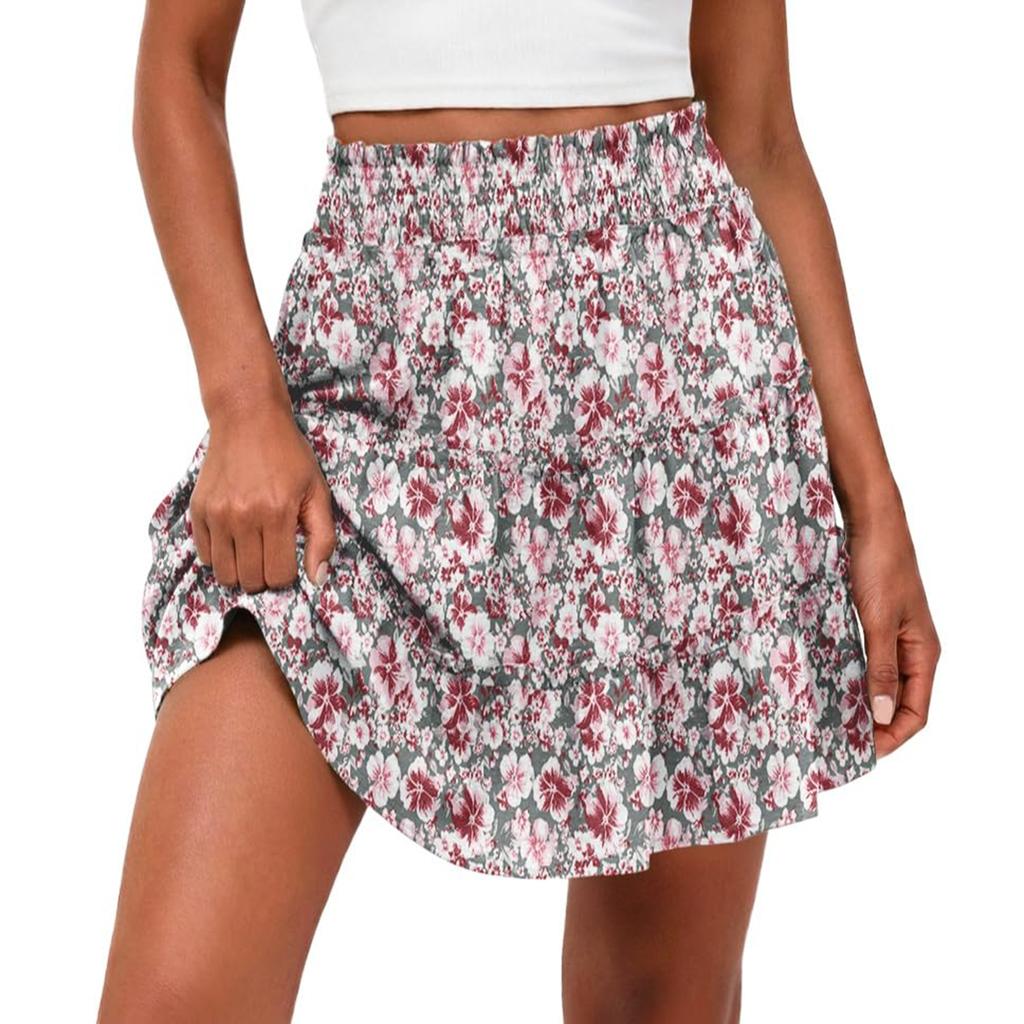 Women's Floral Print High Waist Ruffle Hem Skirt with Built-in Shorts, Casual Summer Outfit