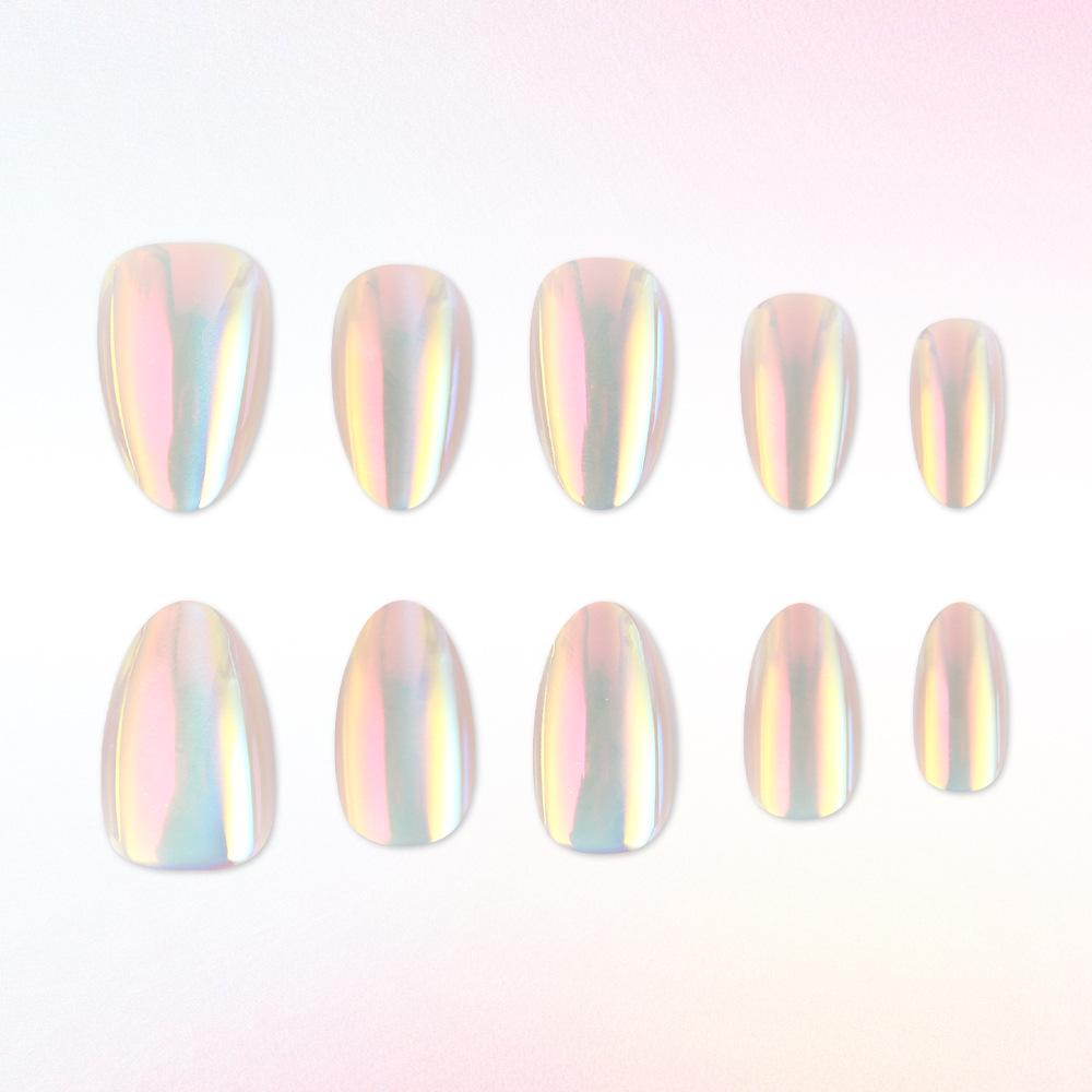 Iridescent Powder Blue Aurora Cat Eye Press-On Nails (32 Pieces) - Almond-Shaped, Skin-Brightening, Detachable.