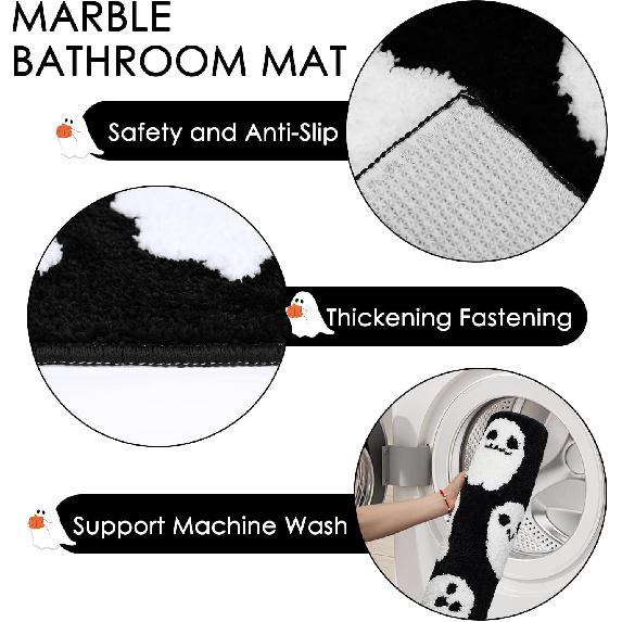 Halloween Bathroom Rug Spooky Black White Ghost Bath Mat for Halloween Bathroom Decor Non-Slip Washable Ghost Bath Rug for Front Doormat, Bedroom Rug
