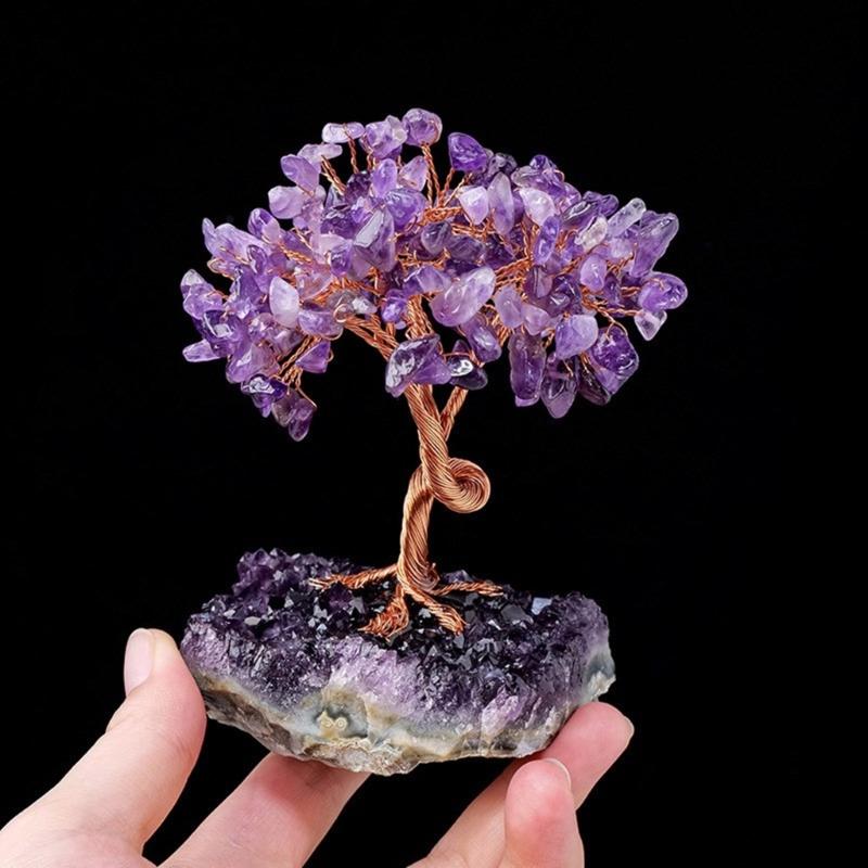 Fengshuis Crystal Bonsais Money Tree with Amethysts Cluster Base for Wealth and Prosperity Home Office Desktop Decors