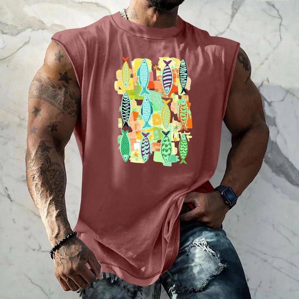 Men's Sleeveless Tank Top Loose Fit Vintage Texture Breathable Muscle Shirt Summer Streetwear Casual Daily Wear Printed Vest