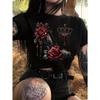 Dámské gotické tričko na Halloween v evropské velikosti - Potisk růže a netopýřího křídla, krátký rukáv, kulatý výstřih, s gotickým nápisem, celoroční, pohodlný střih