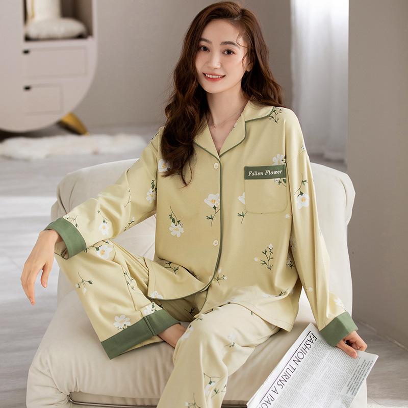 Pajamas Women's Spring and Autumn 100% Pure Cotton Long-sleeved Thin 1011 New Spring and Summer High-end Loungewear Set