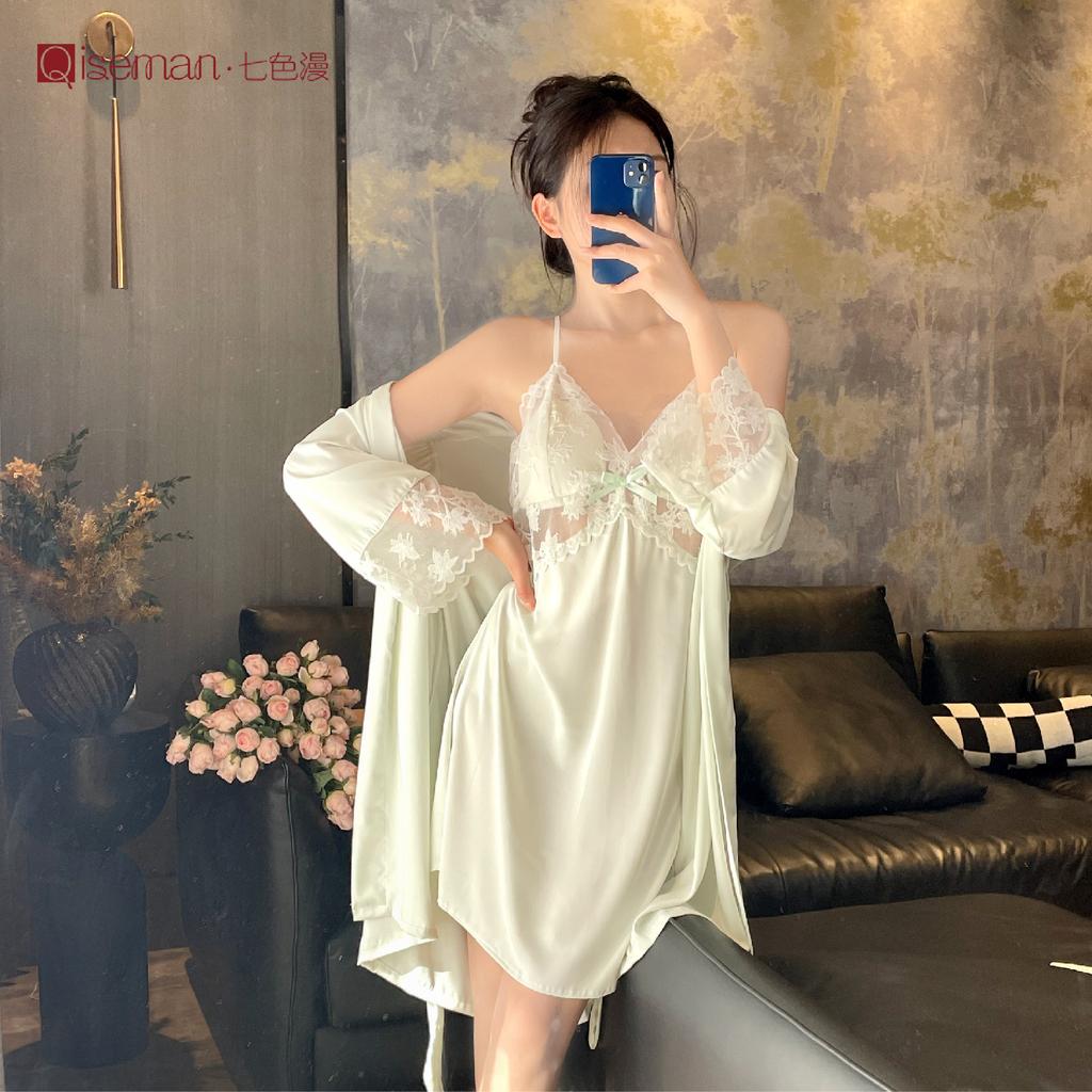Acetate suspender nightgown two-piece set French sexy with chest pad loungewear lace girl premium pajamas