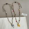 Minar Cartoon Colorful Natural Stone Pony Pendant Necklace Woven Rope Horse Collarbone Double Layers Metallic Chain Choker